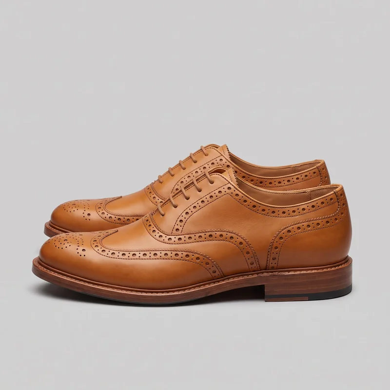 A matched pair of tan low-cut lace-up oxford dress shoes is shown in a clear side three-quarter view against a backdrop. The shoes have rounded almond toes, closed lacing through multiple eyelet pairs, wingtip toe caps with medallion perforations, layered stitched panels, brogue detailing along the toe caps, throat, side quarters, collar lines, and heel counters, plus welt stitching around the sole edges and low stacked block heels.
