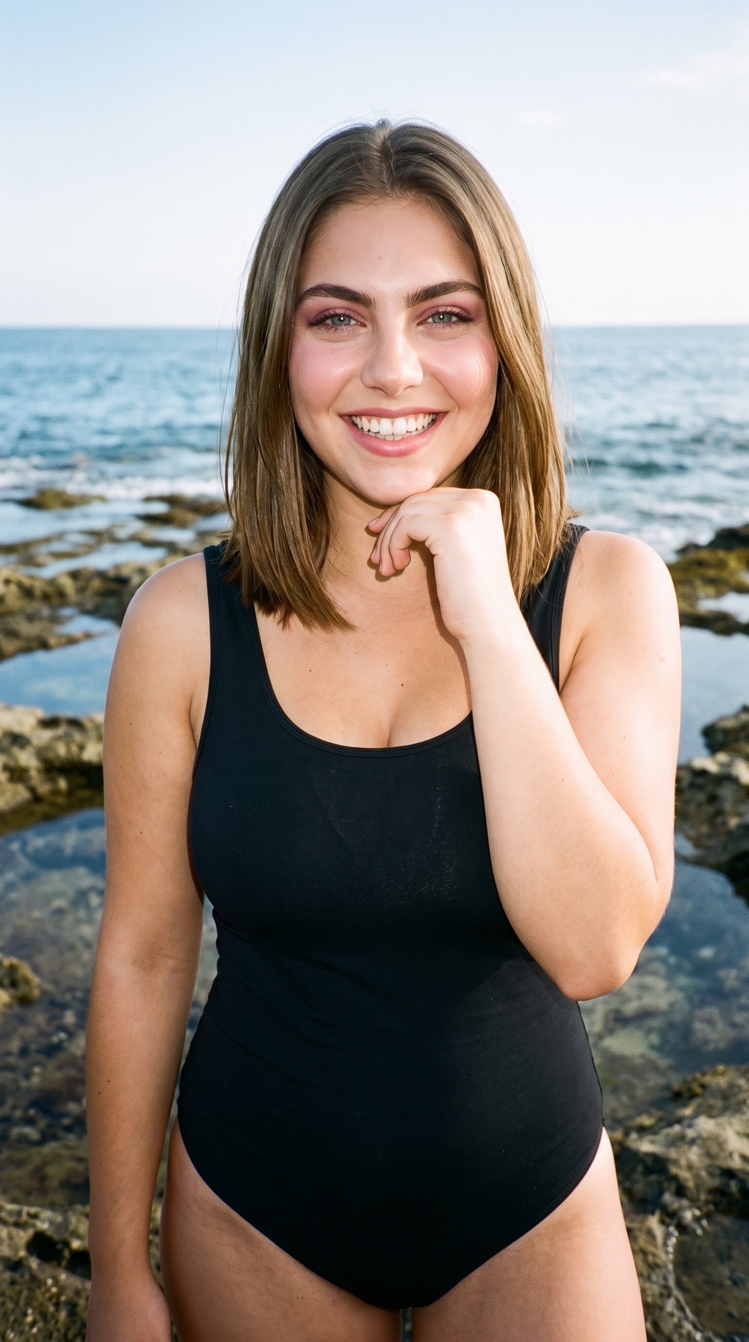 A 20-year-old Caucasian woman wearing a black one-piece swimsuit is shown from the upper body in a front-facing view. Her wrist is held at her jaw, and she is grinning, with a rocky beach backdrop.