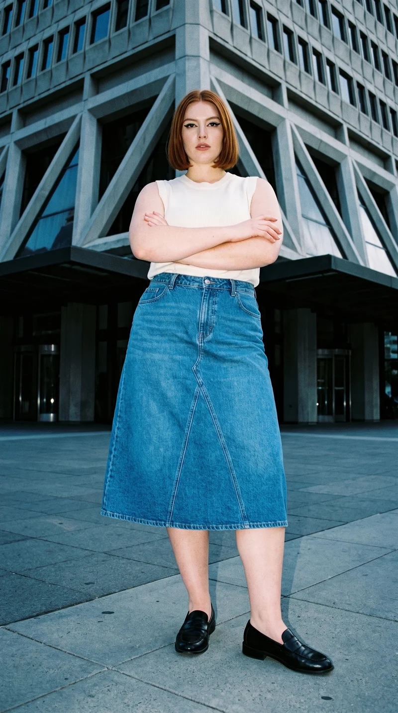 A 26-year-old Caucasian woman is shown full body from the front wearing a denim A-line skirt. She stands in a self-hug pose with a natural facial expression, against a low-angle pyramid-building backdrop.