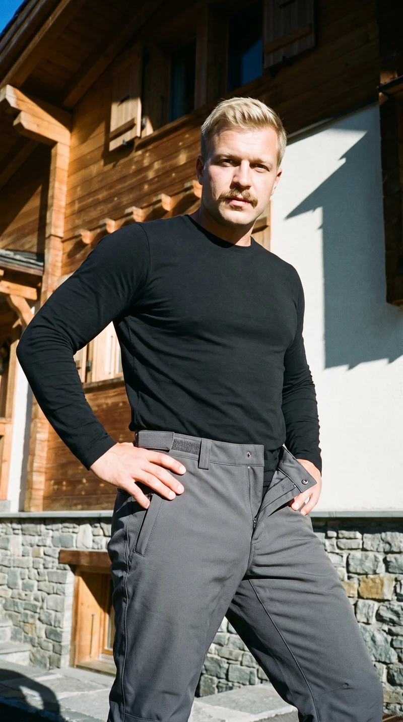 A 41-year-old Slavic male model is shown in a three-quarter-length angled front view wearing men's grey waterproof ski trousers, with his hands on his hips. A Swiss Alpine Village forms the backdrop.