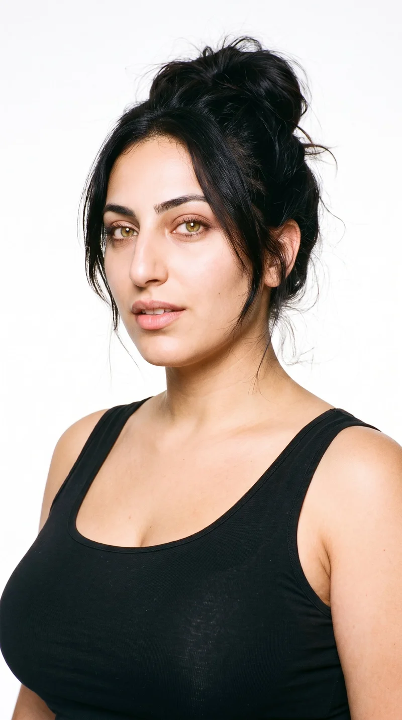 A 21-year-old Arab woman with light-tan skin and a neutral undertone has a long face, defined by a tall forehead and elongated cheeks. Her medium-thick eyebrows frame hazel eyes with green-gold flecks, and she has medium-sized lips. Her deep black hair is gathered into a loose, messy bun with softly undone strands.