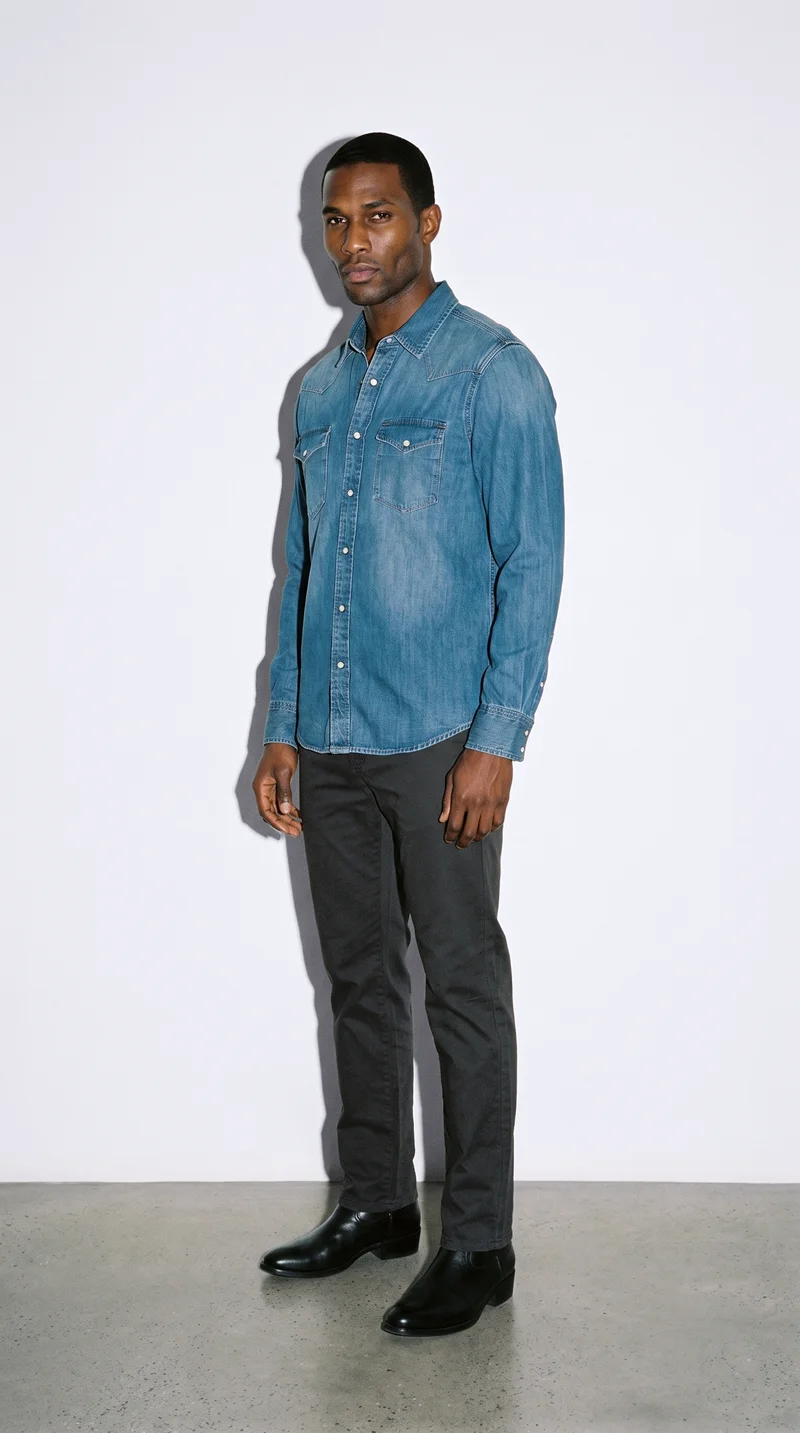 Mid-Wash Western Denim Shirt, Full body at Three-quarter, Flash Editorial lighting