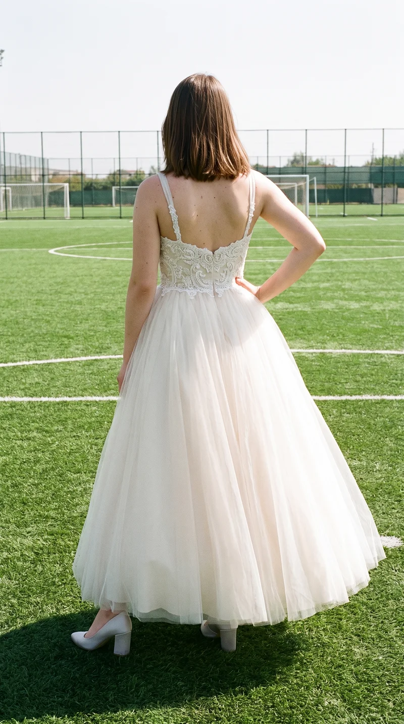 A 21-year-old Caucasian woman wears a champagne ballgown wedding dress, shown in a full-body back view with one hand on her hip. A soccer pitch forms the backdrop.