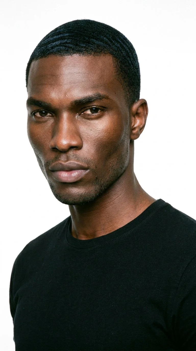 This 28-year-old African man has dark-brown skin with a red-copper undertone. His face is lean and gaunt, with hollowed cheeks and sharply sculpted bone structure. He has thick eyebrows, very dark near-black eyes, and full lips. His black hair is close-cropped and brushed into continuous wave patterns around his head. Fine, closely trimmed stubble lightly covers the beard area.