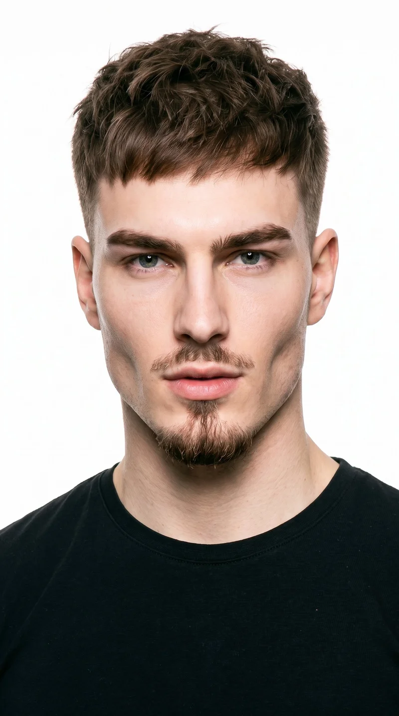 A 24-year-old Caucasian man with light-tanned skin and a warm golden undertone. His chiseled face has sharp, angular features, a defined jaw, and pronounced cheekbones. He has thick eyebrows, cool clear grey eyes, and thin lips. His brown hair is styled in a short crop with layered texture on top and closely cut sides. A compact goatee is centered on his chin, while his cheeks are clean-shaven.