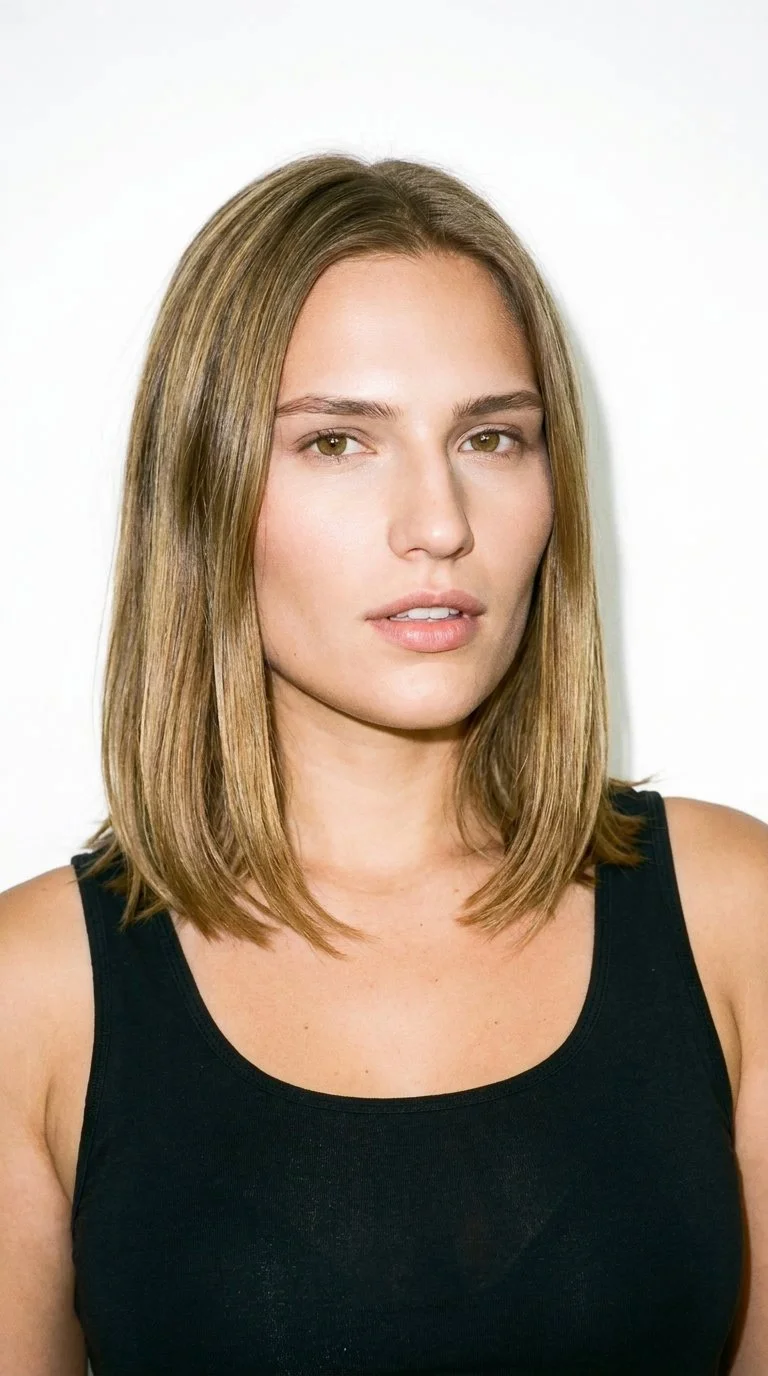 A 21-year-old Slavic woman with a medium, neutral-toned complexion and a square face defined by a strong jaw and broad forehead. She has medium-thickness eyebrows, hazel eyes with green-gold flecks, and medium lips. Her dark-blonde hair is styled in a long bob falling between the chin and shoulders.