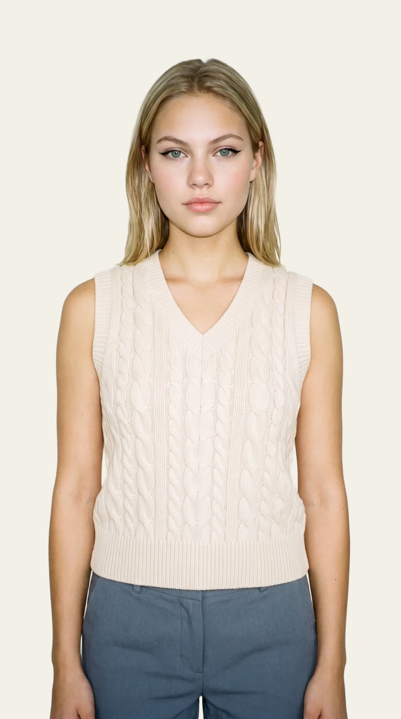 A 20-year-old Caucasian woman is shown from the upper body in a front view, wearing a women's cream cable-knit sweater vest. Her arms are relaxed and her expression is natural. The image has a flat alabaster backdrop.