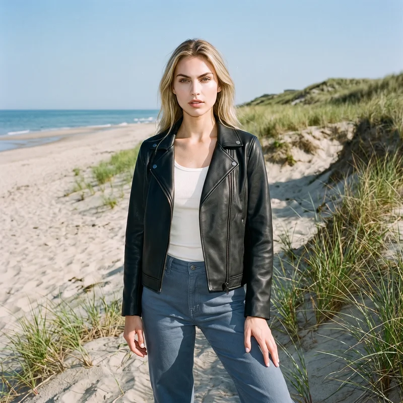 A 25-year-old Slavic woman wears a black biker leather jacket in an environmental composition, shown from a front three-quarter angle with one hip angled outward and a serious expression. A Martha's Vineyard beach backdrop surrounds the scene.