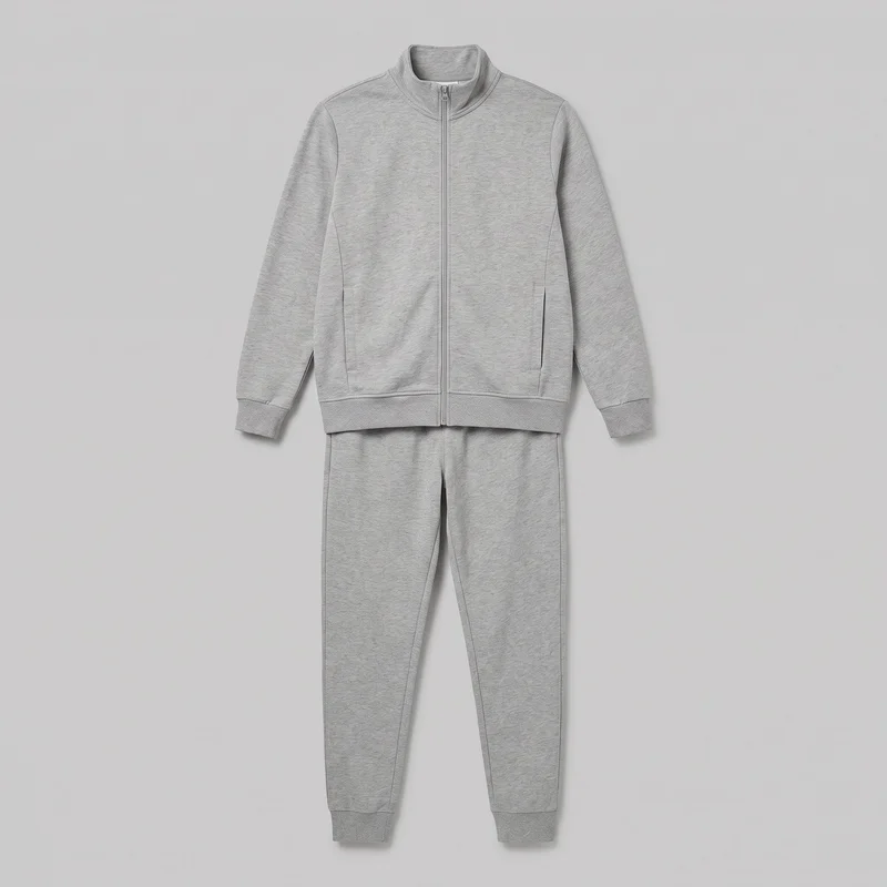 A coordinated men's grey marl tracksuit is shown in a standalone front view. The set includes a relaxed-fit, hip-length zip-front jacket with a stand collar, long sleeves, ribbed cuffs and hem, and two lower front pockets, layered over matching full-length tapered jogger pants with ribbed ankle cuffs. The upper waistband is mostly covered by the jacket, and no logos, prints, patches, embroidery, or embellishments are visible.