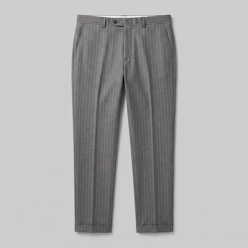 Men's grey pinstripe tailored trousers shown nearly complete in a standalone front view. The trousers have a slim, tapered full-length cut, a mid-rise waistband with belt loops and an extended front tab, a fly front, slanted side pockets, pressed center creases, vertical pinstripes, and turned-up cuff hems.