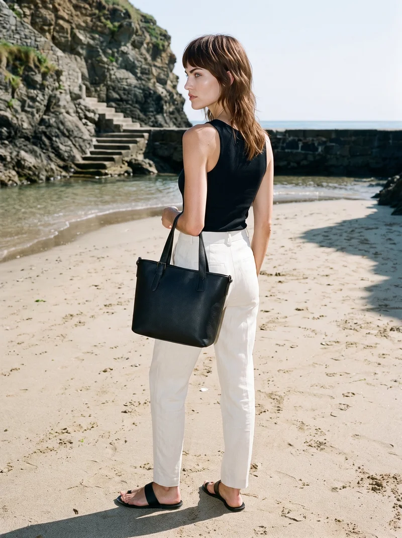 A 28-year-old Caucasian woman is shown full body from an angled rear view, carrying a black leather shoulder bag on her arm. A beach cove hidden stairway forms the backdrop.