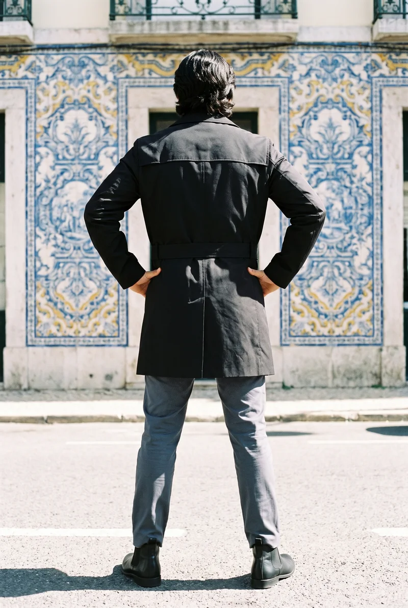 A 21-year-old Hispanic man wears a black men's trench coat in a full-body back view, standing with a wide stance. A Portuguese tile street forms the backdrop.