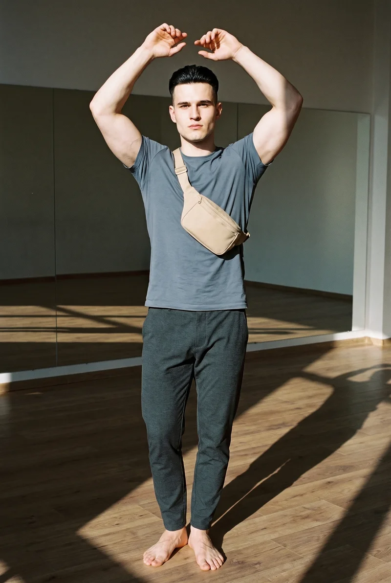 A 20-year-old Slavic male model wears a men's beige belt bag in a front-facing full-body view, with his arms overhead and a soft facial expression. A yoga studio backdrop is visible behind him.