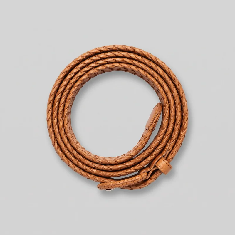A tan woven leather belt is shown as a standalone product, coiled into multiple loops. Its long narrow strap has repeated diagonal interlaced strands forming a continuous chevron texture, with the buckle-end hardware area, keeper loop, and stitched tabs partly visible near the lower edge; a tapered strap end is also partially visible.