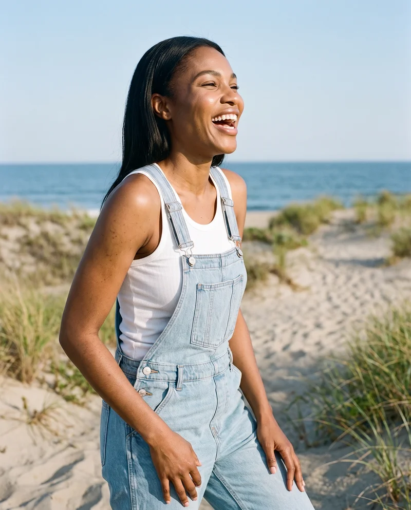 A 23-year-old African woman wears light wash denim dungarees in a three-quarter-length side view, posing with one hip out and laughing. A Martha's Vineyard beach backdrop is visible behind her.