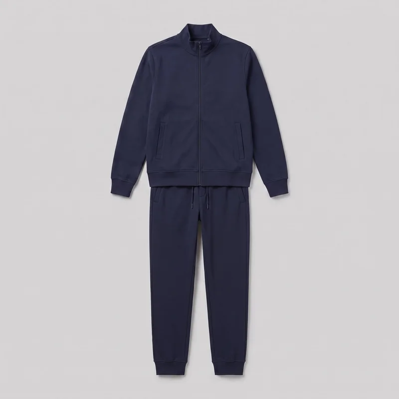 A matching navy two-piece tracksuit is arranged in a front flat lay, showing a hip-length zip-front jacket with a high stand collar, long sleeves, ribbed cuffs, a straight ribbed hem, and vertical lower-front hand pockets. The tapered jogger pants have an elastic drawstring waistband, side hand pockets, subtle vertical leg seams, and ribbed ankle cuffs. Most of the pants and the full jacket are visible.