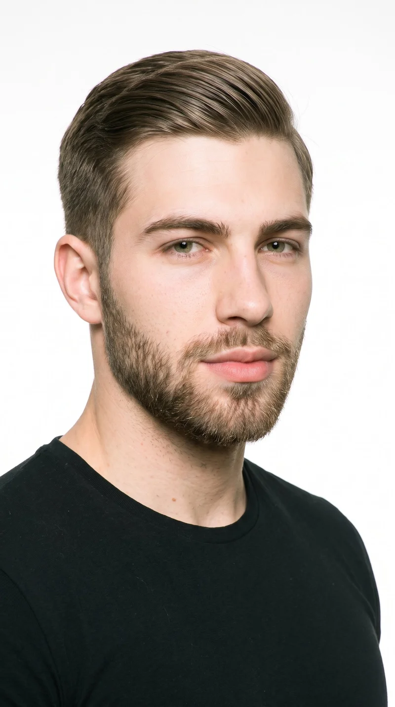 This 21-year-old Caucasian man has porcelain skin with a warm golden undertone and an oval face with balanced proportions and a softly rounded jaw. His eyebrows are thin, and his eyes are blue with a cool undertone. He has full lips and ash-brown hair with a cool undertone, combed to one side along a defined part. A short, full beard is evenly trimmed with clean cheek and neckline edges.