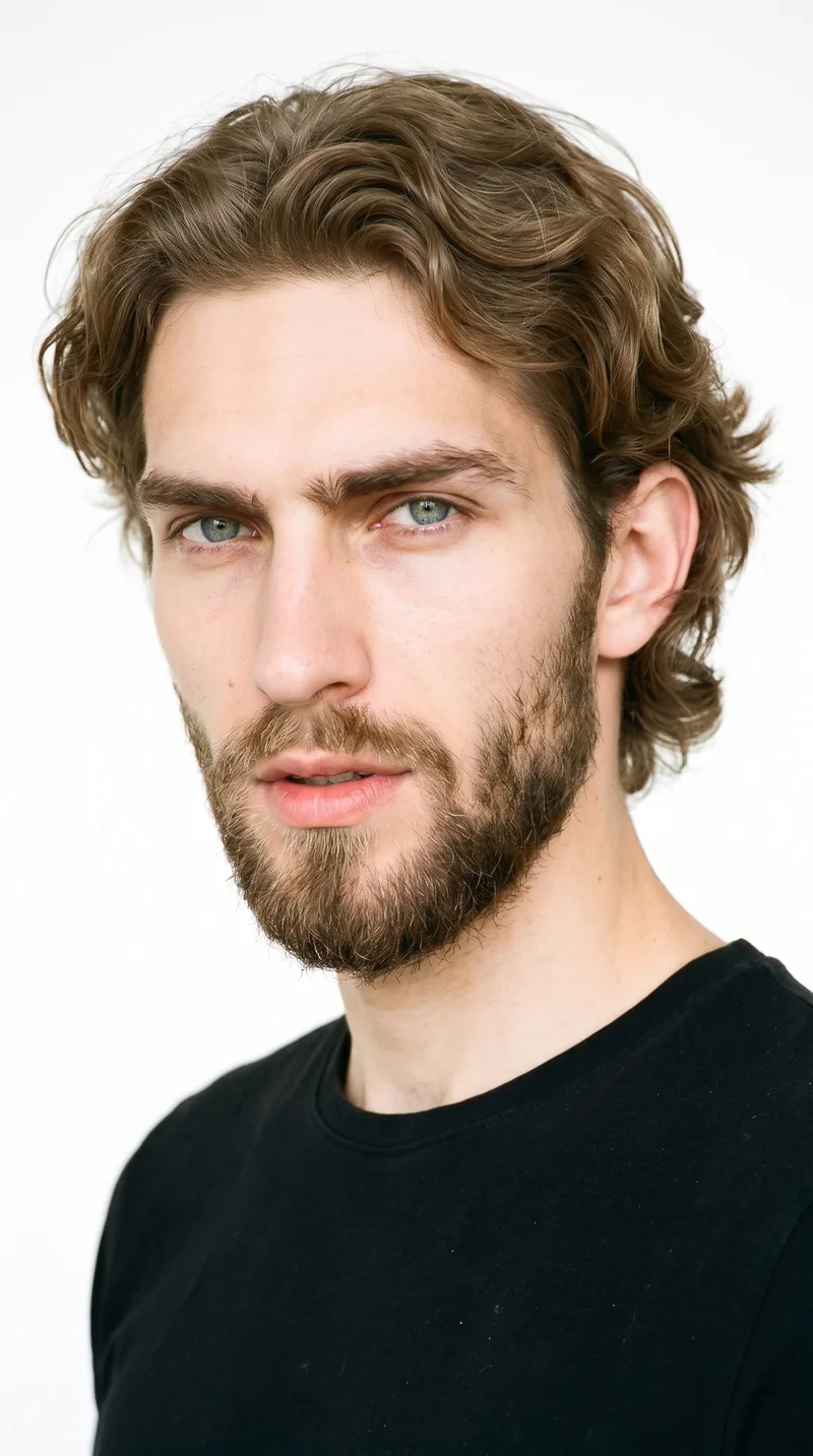 A 22-year-old Slavic man with pale skin and a neutral undertone has a chiseled face with sharp, angular features, a defined jaw, and pronounced cheekbones. His thick eyebrows frame cool, clear grey eyes, and he has thin lips. His light-brown hair falls in soft waves, while a full, connected beard grows evenly across his cheeks, jaw, and chin.