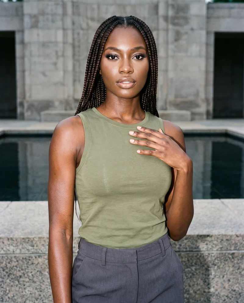 Women's Olive Cotton Tank Top, Upper body at Three-quarter, Flash Editorial lighting