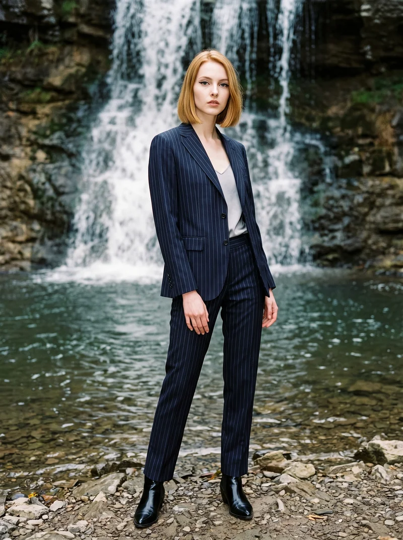A 20-year-old Caucasian woman wears a navy pinstripe trouser suit in a full-body view from a front three-quarter angle. She poses with a waist twist and a confident expression against a waterfall pool backdrop.