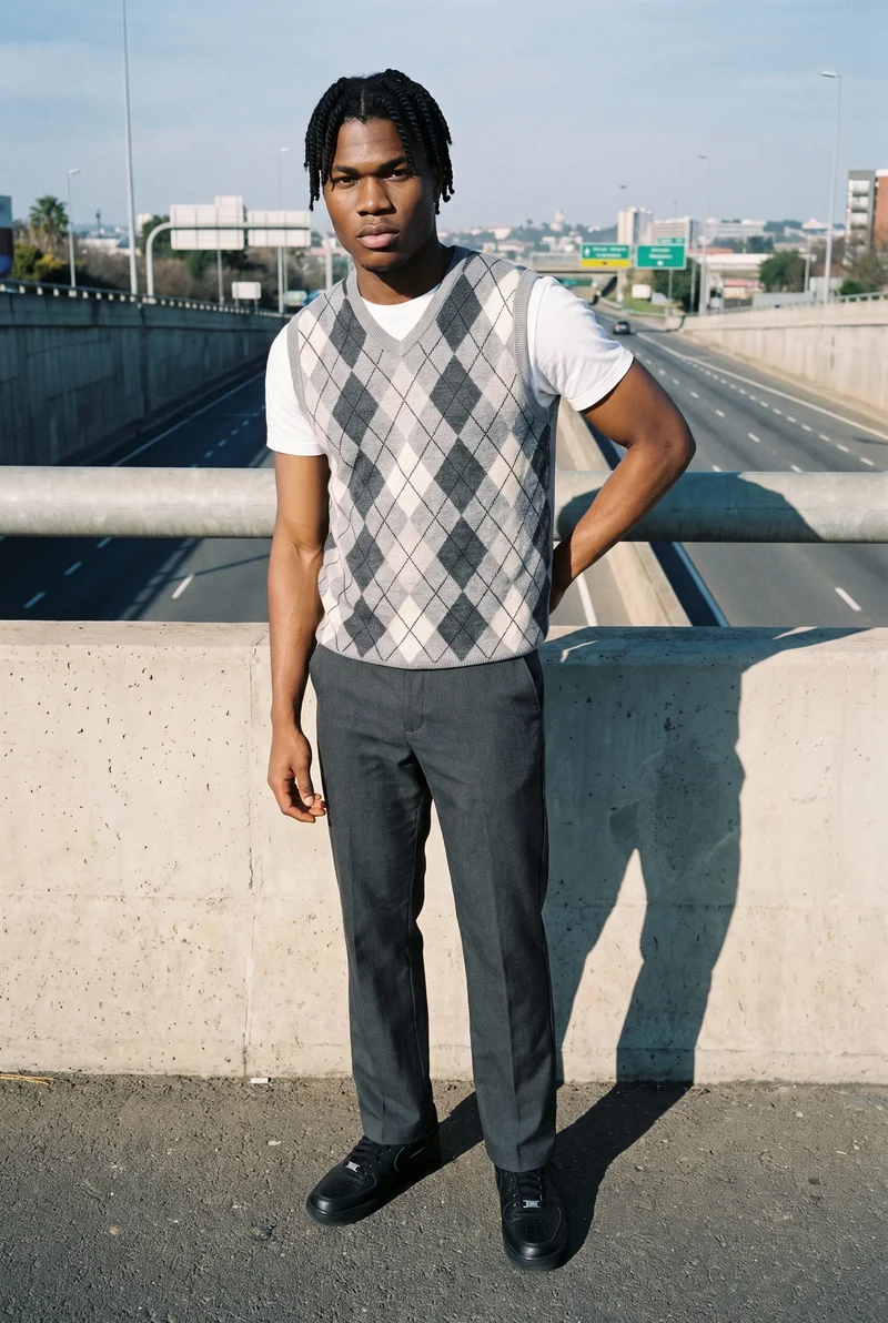 An 18-year-old African male model is shown full body from the front wearing a grey argyle sweater vest, with one hand on his lower back and a confident expression. A highway overpass forms the backdrop.