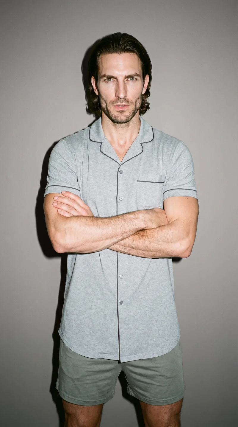 A 40-year-old Caucasian man wears a grey nightshirt in a front-facing three-quarter-length view. He stands with his arms crossed and a natural facial expression against a studio grey backdrop.