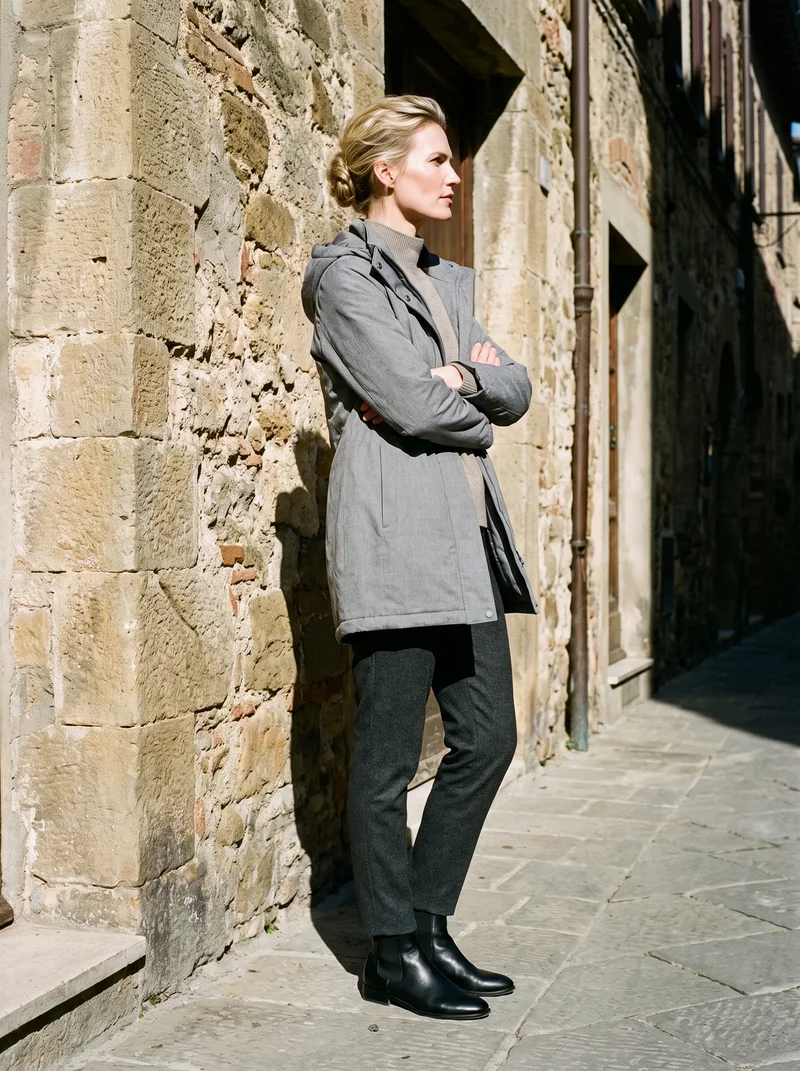 Women's Grey Longline Parka, Full body at Side, Flash Editorial lighting