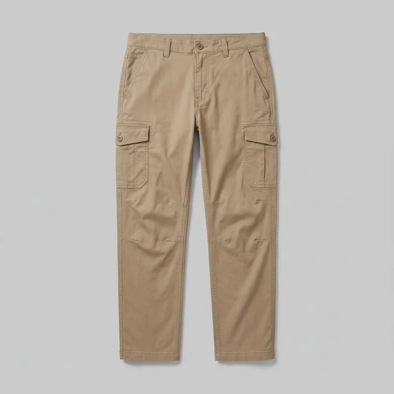 Men’s khaki hiking trousers shown in a complete front flat-lay view. The full-length cargo pants have a mid-rise waistband with belt loops, a visible top button, a fly placket, angled hip pockets, a small inset pocket, and large flap-closure cargo pockets on the outer thighs. Straight legs taper slightly toward the plain stitched hems, with visible seam stitching, knee and lower-leg panel lines, and small horizontal bar-tack-like details.