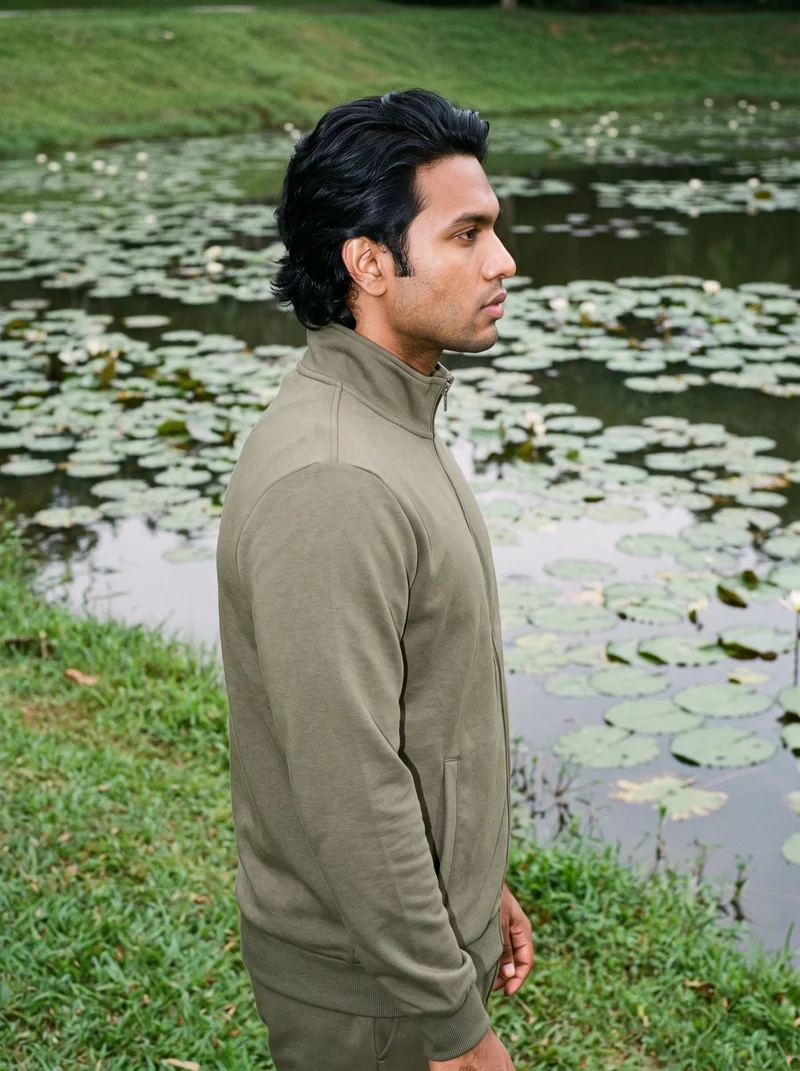 A 33-year-old Indian man wears an olive tracksuit in an upper-body side view, with his arms relaxed and a natural facial expression. A lily pond serves as the backdrop.