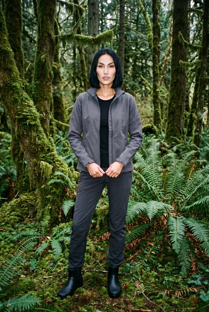 A 24-year-old Indigenous American woman is shown full body from the front wearing a women's grey softshell jacket. She stands with her hands in front and a confident expression, with an Olympic Rainforest backdrop.