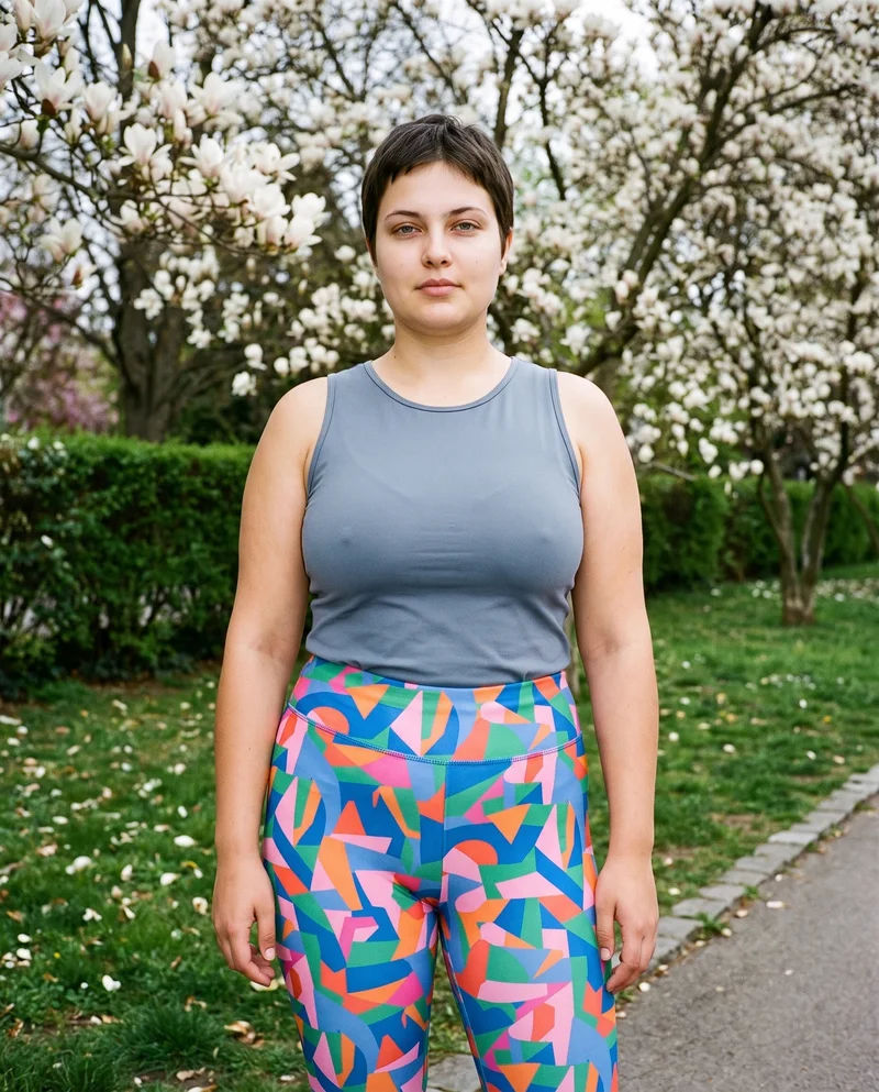 A 20-year-old Caucasian woman wears printed leggings in a three-quarter-length front view. She stands in a relaxed pose with a confident expression against a magnolia tree park backdrop.