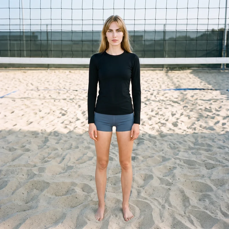 A 23-year-old Caucasian woman wears a black compression base layer in a front-facing environmental view, with her hands held in front and a serious expression. A beach volleyball court forms the backdrop.