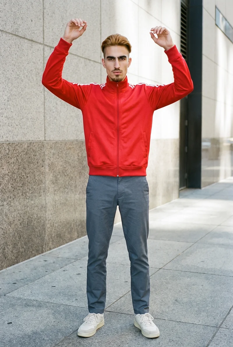 A 25-year-old Caucasian man is shown full body from the front with his arms overhead, wearing a red striped track jacket. He has a soft facial expression, with a Financial District urban canyon backdrop.