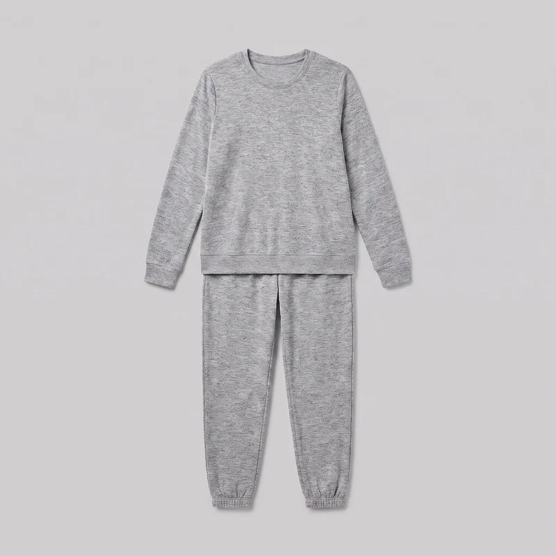 Matching grey marl loungewear set arranged in a flat lay, with a crewneck sweatshirt placed over the upper portion of tapered jogger pants. The sweatshirt has long raglan sleeves, ribbed cuffs, and a straight ribbed hem, while the joggers have a gathered elastic waistband and gathered ankle cuffs.