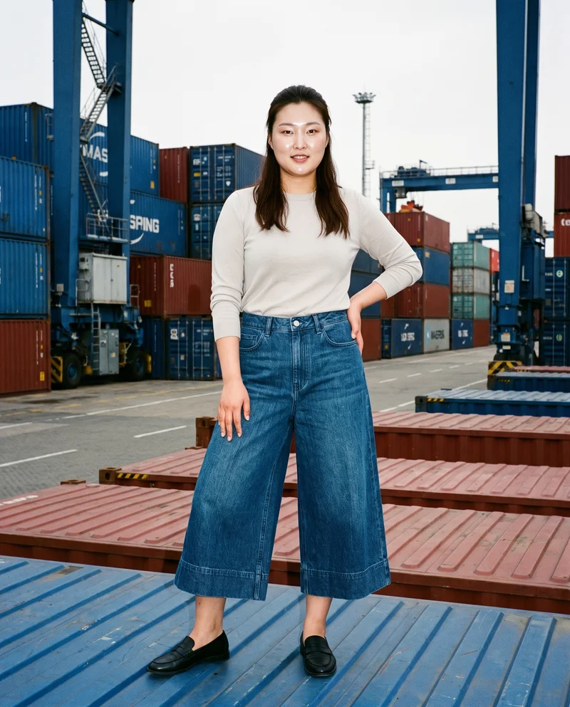Wide-Leg Denim Culottes, Environmental at Front, Natural E-Commerce lighting