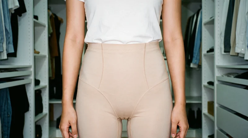 Beige shaping shorts on a model, framed from the hips in a front view with her hips level. A walk-in closet backdrop is visible.