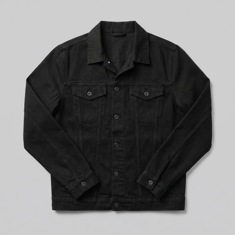 A mostly complete black denim trucker-style jacket is shown laid flat in a front view. It has a pointed spread collar, full metal button placket, two pointed button-flap chest pockets, long sleeves with buttoned cuffs, a bottom waistband with a visible front button, vertical panel seams, and visible topstitching.