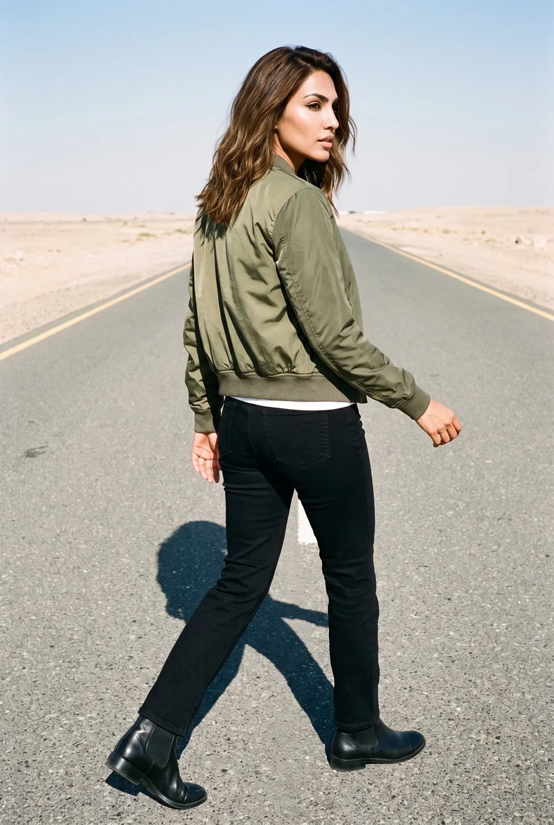 A 35-year-old Indian woman wearing a women's olive MA-1 bomber jacket is shown full body from an angled rear view while walking. An endless desert highway forms the backdrop.