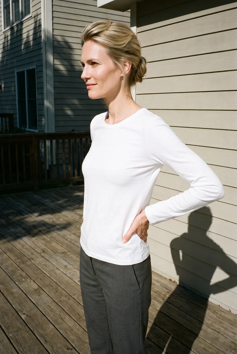 Women's White Long-Sleeve Tee, Three-quarter length at Side, Flash Editorial lighting