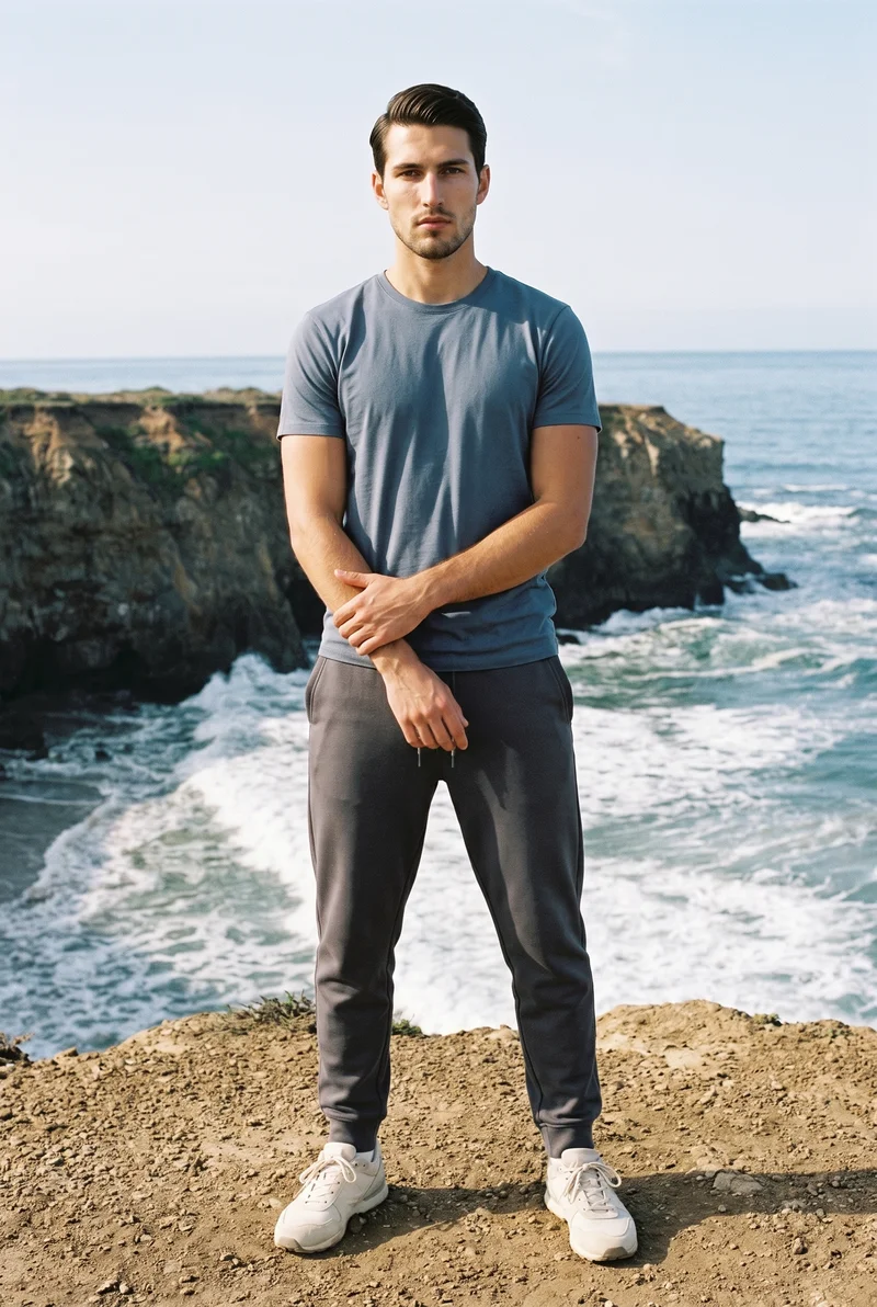 Men's Charcoal Fleece Joggers, Full body at Front, Natural E-Commerce lighting