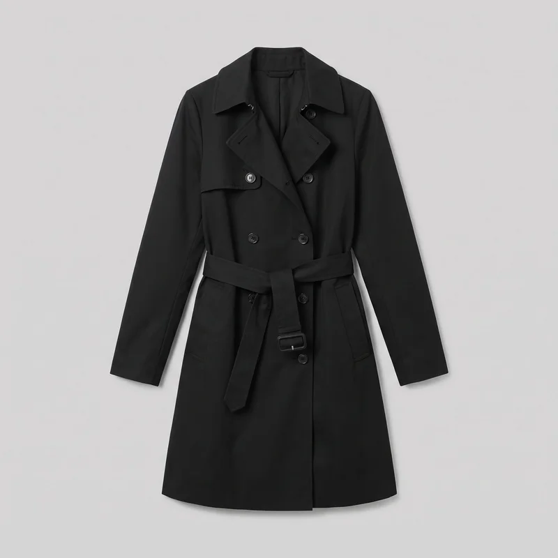 A mostly complete front view of a women's black trench coat laid flat against a backdrop. The long coat has a tailored, waist-defined silhouette, a wide point collar with a lapel-style double-breasted front, long sleeves with straight cuffs, an integrated self-tie belt with side loops and a rectangular buckle detail, a chest storm-flap panel, two hip welt pockets, and a straight hem.