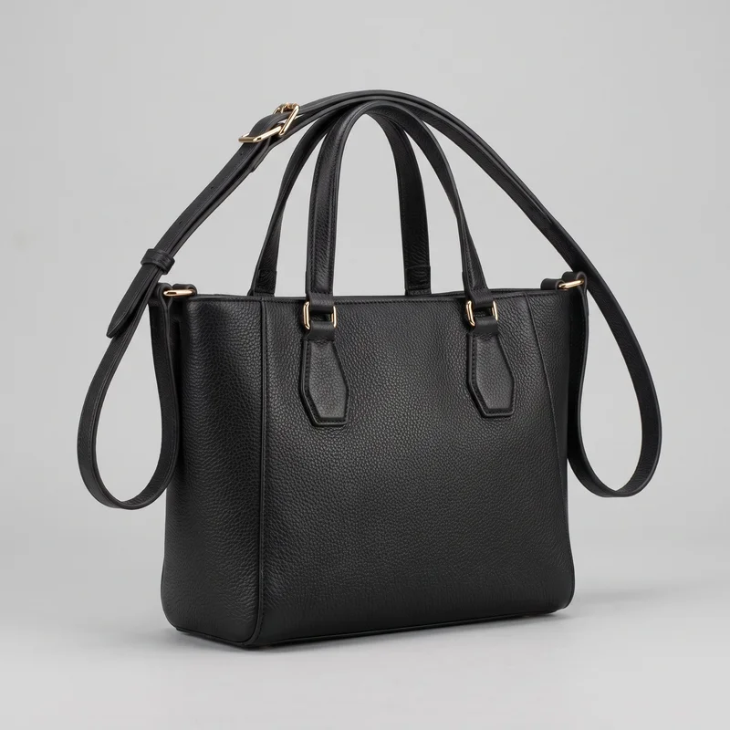 A structured black leather tote-style handbag stands upright in a front three-quarter view. It has a tall rectangular body, squared lower corners, side gussets, vertical seam lines, rounded edge piping, two arched top handles, and a detachable-looking shoulder strap with an adjustable buckle, punched holes, and sliding keeper. Metal rings and handle attachment hardware are visible, and the pebbled exterior has no visible logos or embellishments.