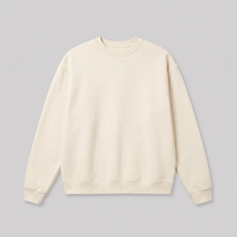 A cream oversized crewneck sweatshirt is shown laid flat in a standalone front view. The full-length pullover has a relaxed fit, dropped shoulder seams, long sleeves, a rounded ribbed neckline, ribbed cuffs, and a straight ribbed bottom hem. Visible stitching defines the neckline, shoulder seams, cuffs, and hem; no pockets, fastenings, logos, prints, patches, embroidery, or other embellishments are visible.