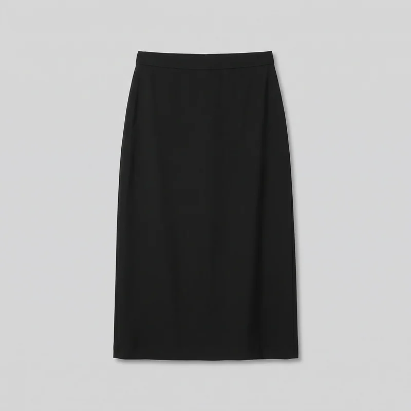 A standalone black women's midi skirt is shown in full, from its wide high-rise waistband to its straight mid-calf hem. The skirt has a tailored pencil silhouette, smooth front paneling, and straight side edges, with no visible pockets, closures, logos, prints, embroidery, or embellishments.