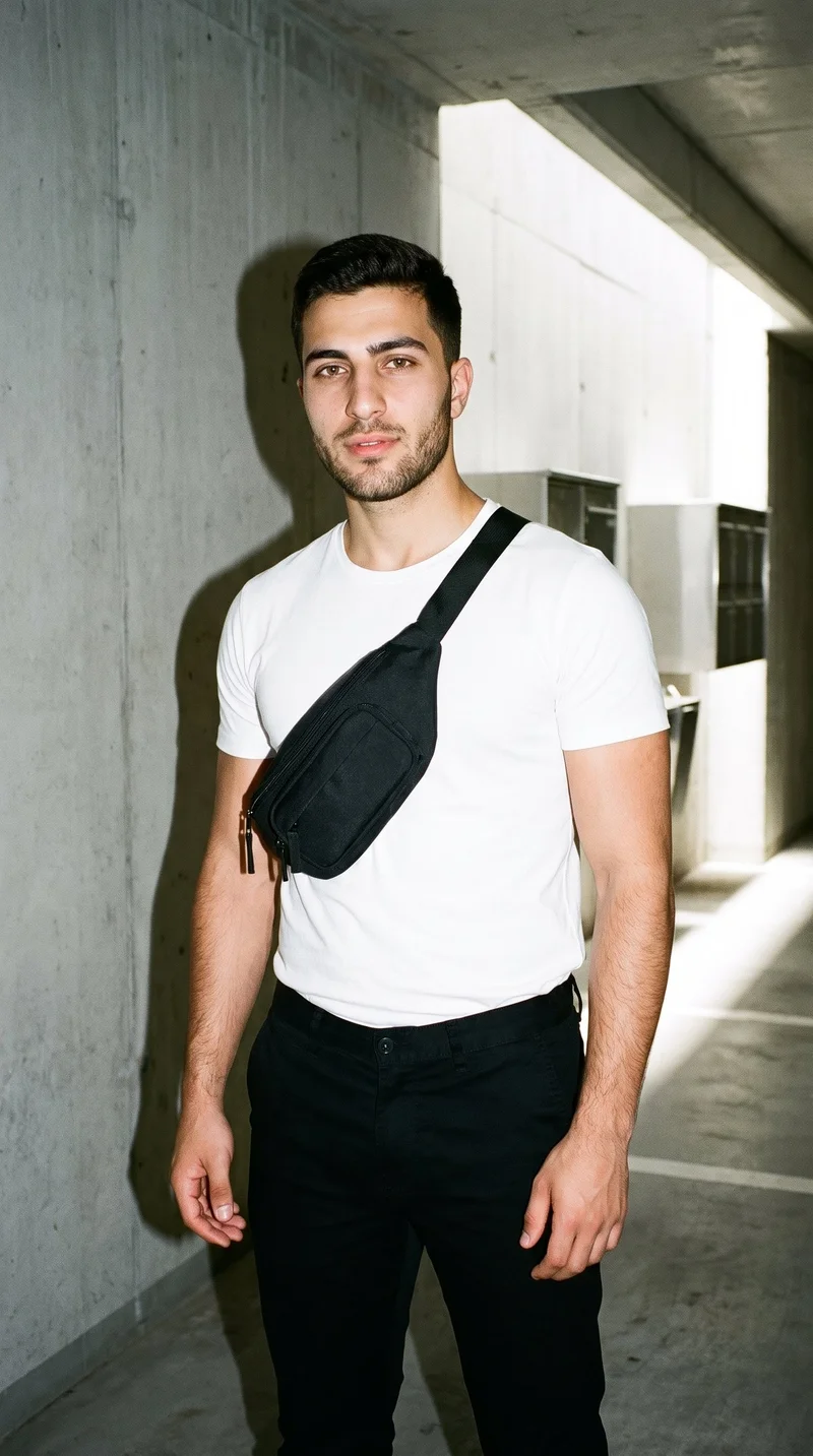 Men's Nylon Bum Bag, Three-quarter length at Front, Flash Editorial lighting