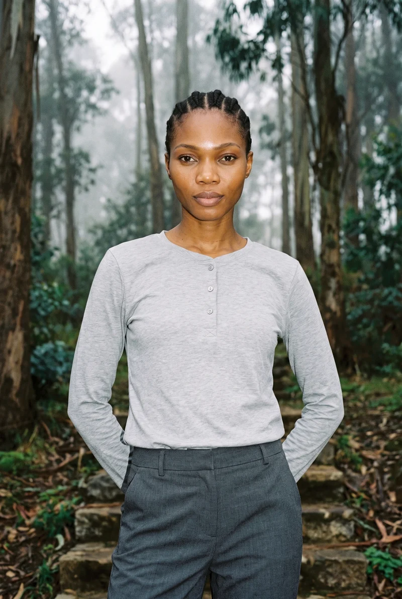 Women's Grey Cotton Henley Top, Upper body at Front, Natural E-Commerce lighting
