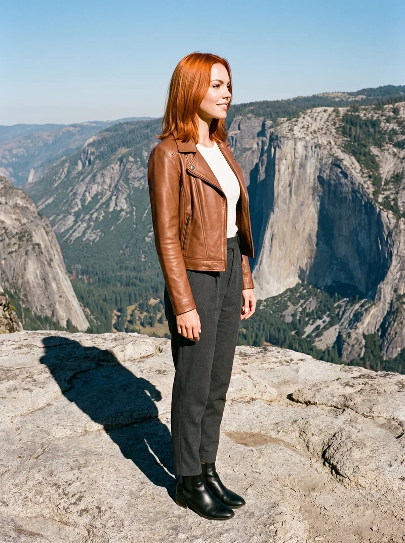 A 21-year-old Caucasian woman wears a brown leather jacket in a full-body side view. She stands in a relaxed pose with a smile against a mountain overlook backdrop.