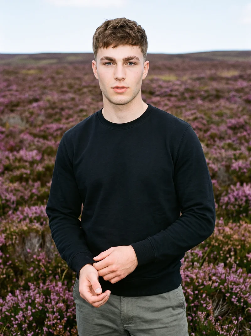 A 20-year-old Caucasian man wears a black crewneck sweatshirt in an upper-body front view, with his hands positioned in front and a natural facial expression. A Scottish Highlands moor serves as the backdrop.