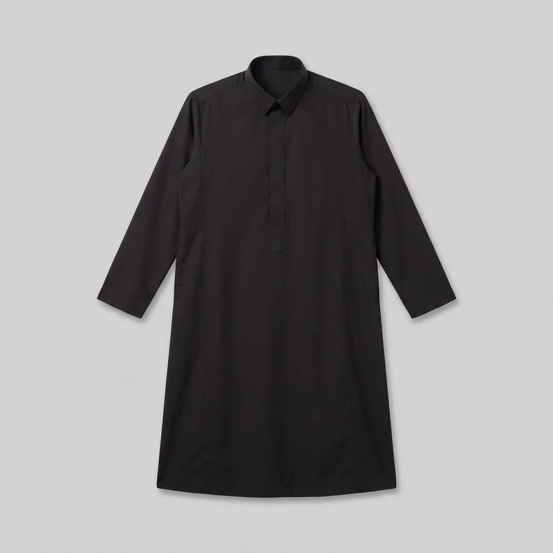 A black men's thobe is shown in a standalone front view. The ankle-length robe has a straight column silhouette, long set-in sleeves, a fold-down pointed shirt collar, and a concealed central placket with a visible top button and narrow pointed chest tab. Plain hems and subtle curved upper side panel seams complete the design.