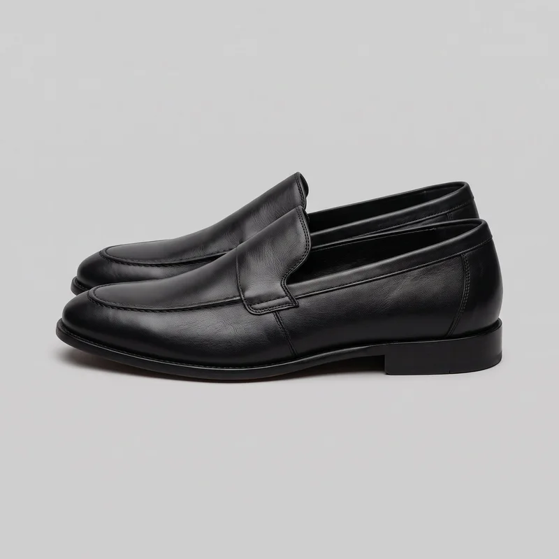 A pair of black leather slip-on dress loafers is shown in a side three-quarter view, with one shoe overlapping the other. The low-cut openings, plain vamps, elongated rounded apron toes with visible stitching, defined sole edges, and low block heels are clearly visible.